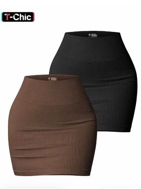 chic Ribbed High-Waist Mini Skirt Duo - Black & Brown
